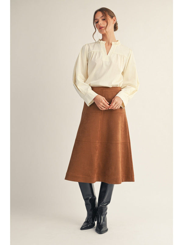 Jodifl Faux Suede A-Line Midi Skirt with Elastic Waistband