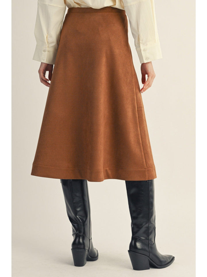 Jodifl Faux Suede A-Line Midi Skirt with Elastic Waistband