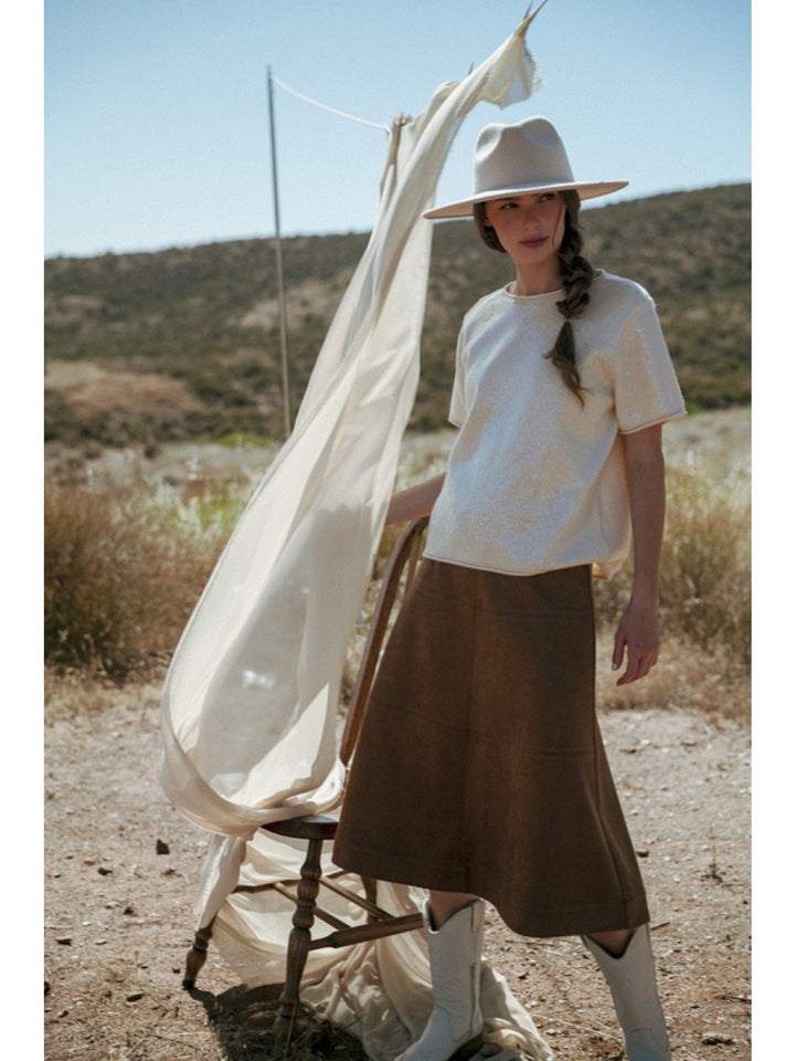 Jodifl Faux Suede A-Line Midi Skirt with Elastic Waistband