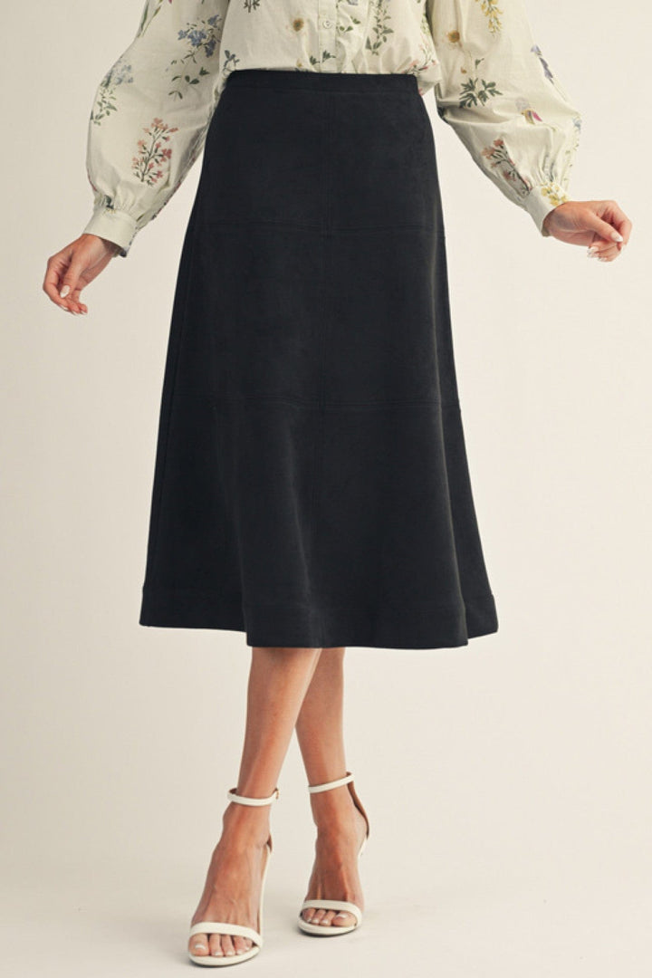 Jodifl Faux Suede A-Line Midi Skirt with Elastic Waistband