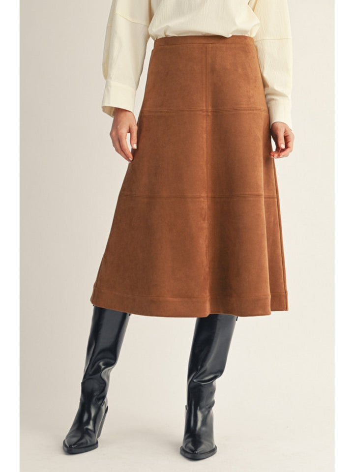 Jodifl Faux Suede A-Line Midi Skirt with Elastic Waistband