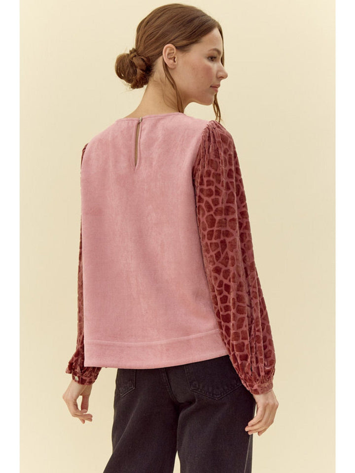 Jodifl Faux Suede U-neck Peasan Sleeve Buttoned Cuff Top