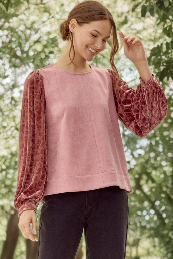Jodifl Faux Suede U-neck Peasan Sleeve Buttoned Cuff Top