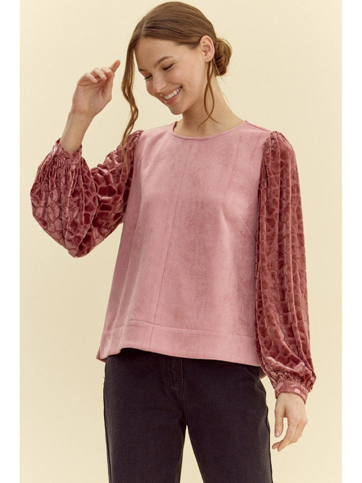 Jodifl Faux Suede U-neck Peasan Sleeve Buttoned Cuff Top