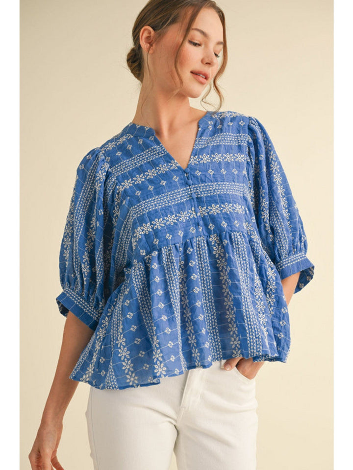 Jodifl Floral Embroidered Babydoll V-Neck Top with Half Button Down Front