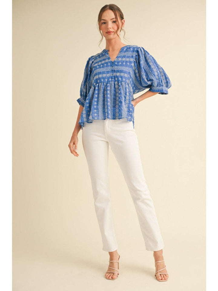Jodifl Floral Embroidered Babydoll V-Neck Top with Half Button Down Front