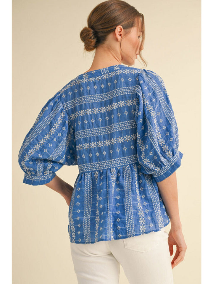 Jodifl Floral Embroidered Babydoll V-Neck Top with Half Button Down Front