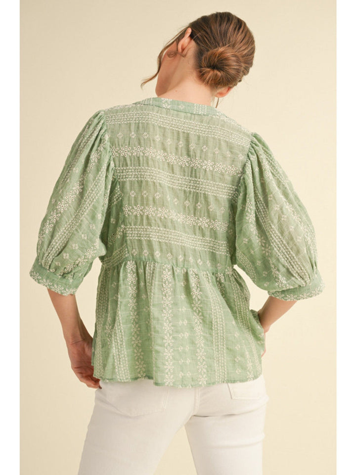 Jodifl Floral Embroidered Babydoll V-Neck Top with Half Button Down Front