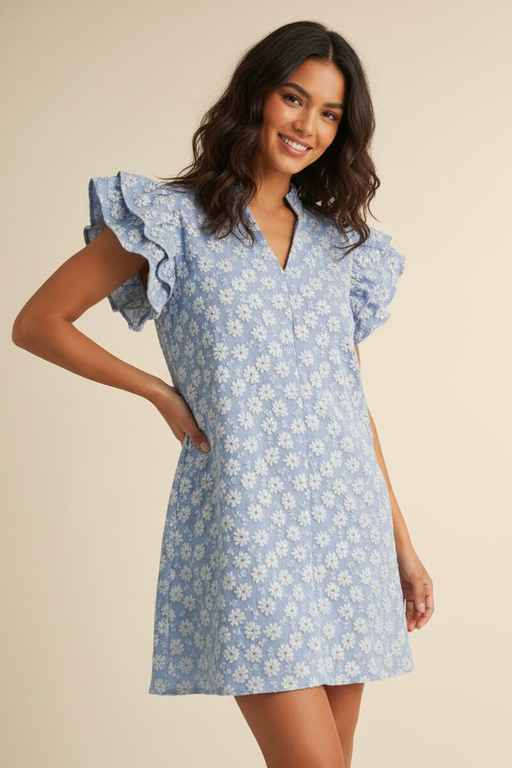 jodifl blue dress Floral Embroidered Frilly Ruffle Cap Sleeve Labor Day 2024