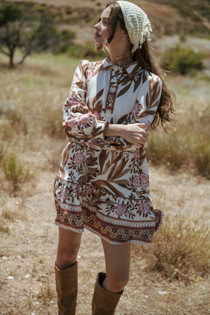 Jodifl Floral Leafy Print Long Sleeve Collared Dress