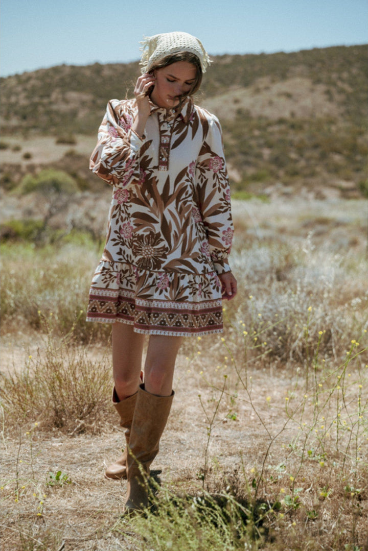 Jodifl Floral Leafy Print Long Sleeve Collared Dress