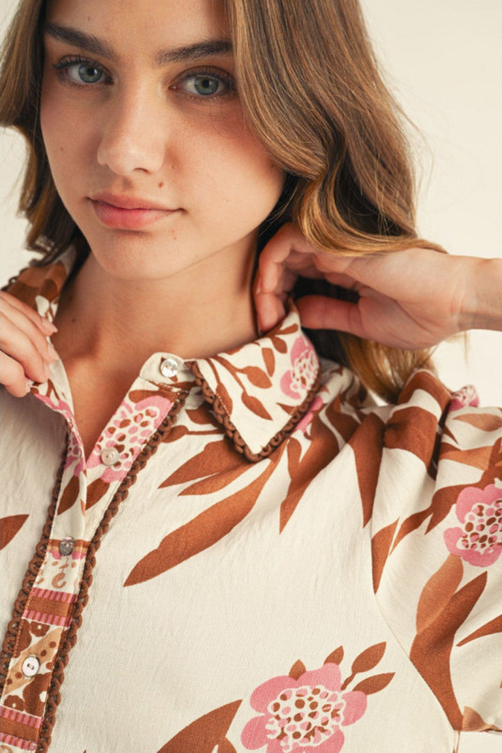 Jodifl Floral Leafy Print Long Sleeve Collared Dress