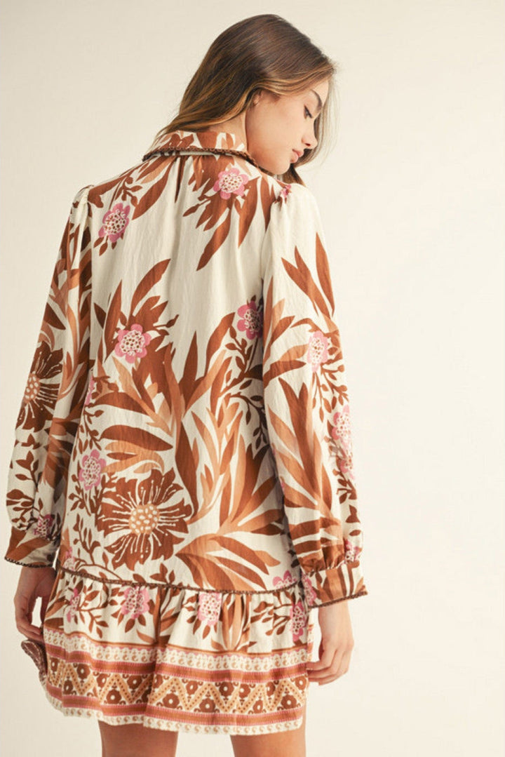 Jodifl Floral Leafy Print Long Sleeve Collared Dress