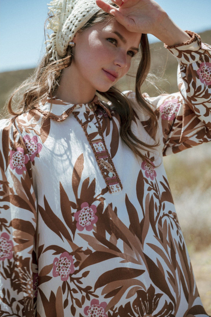 Jodifl Floral Leafy Print Long Sleeve Collared Dress