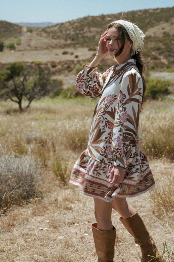 Jodifl Floral Leafy Print Long Sleeve Collared Dress