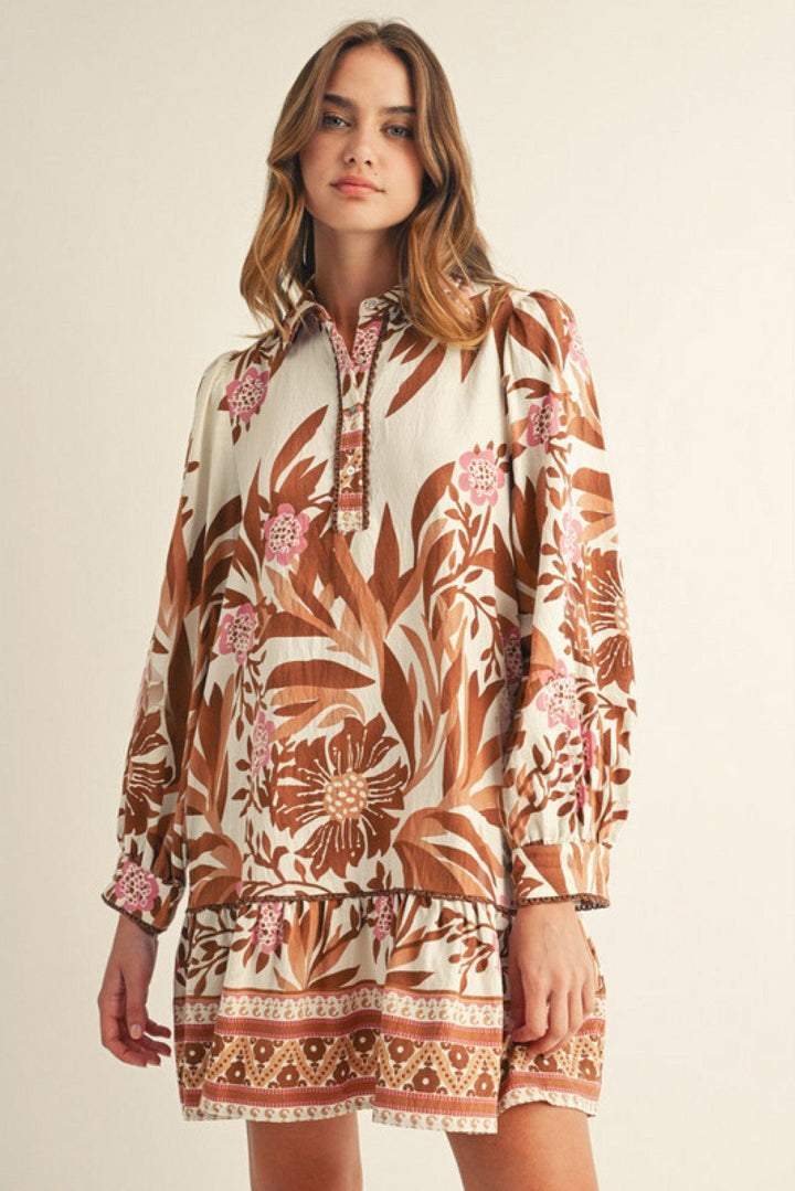 Jodifl Floral Leafy Print Long Sleeve Collared Dress