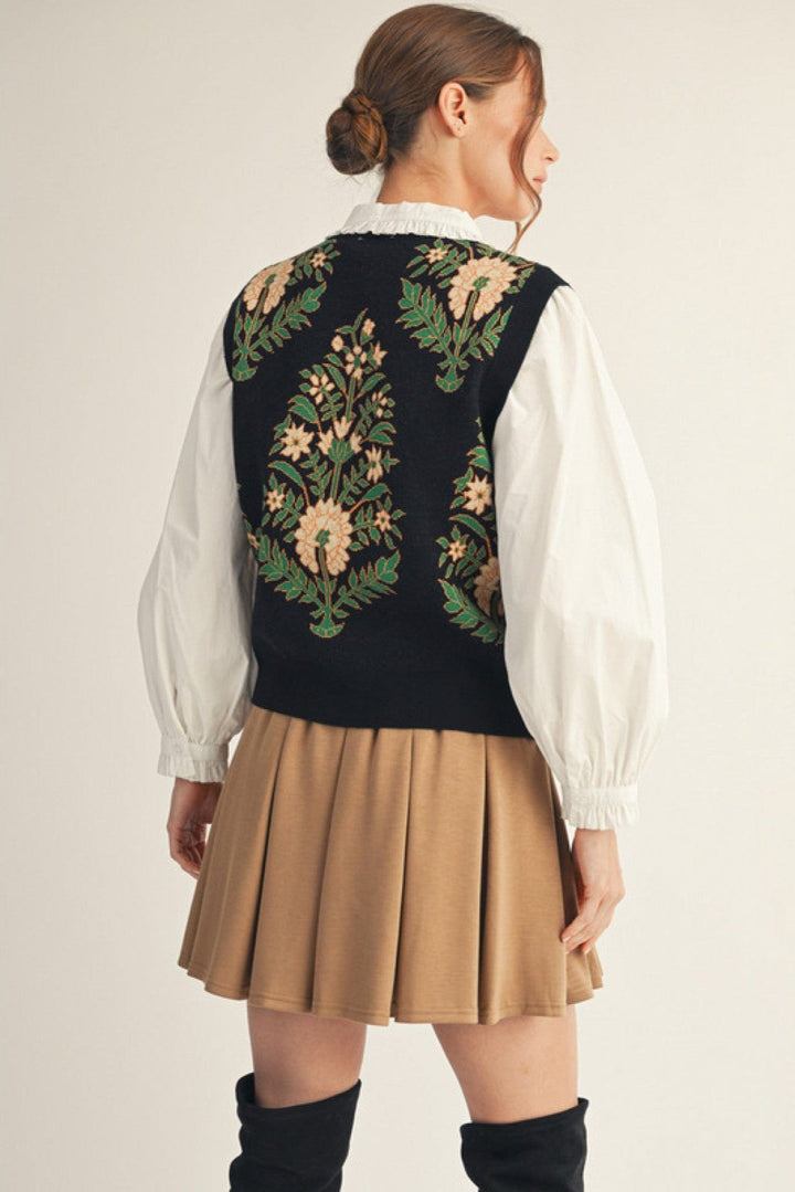 Jodifl Floral Pattern Round Neck Sweater Vest