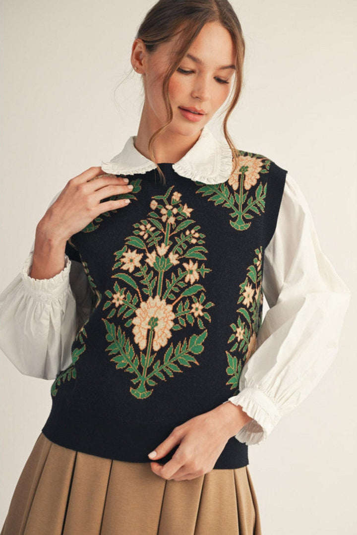 Jodifl Floral Pattern Round Neck Sweater Vest