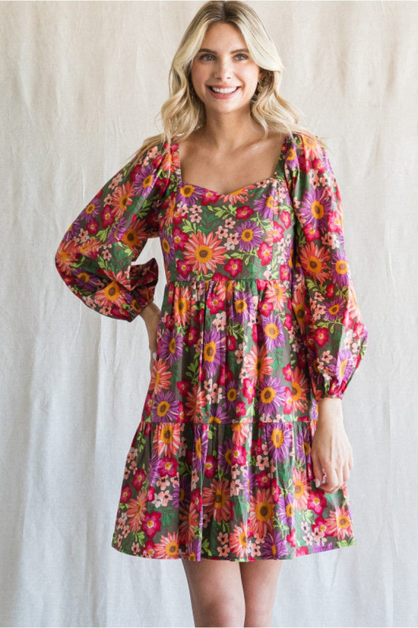 Jodifl Floral Print Baby Doll Dress With Sweetheart Neck