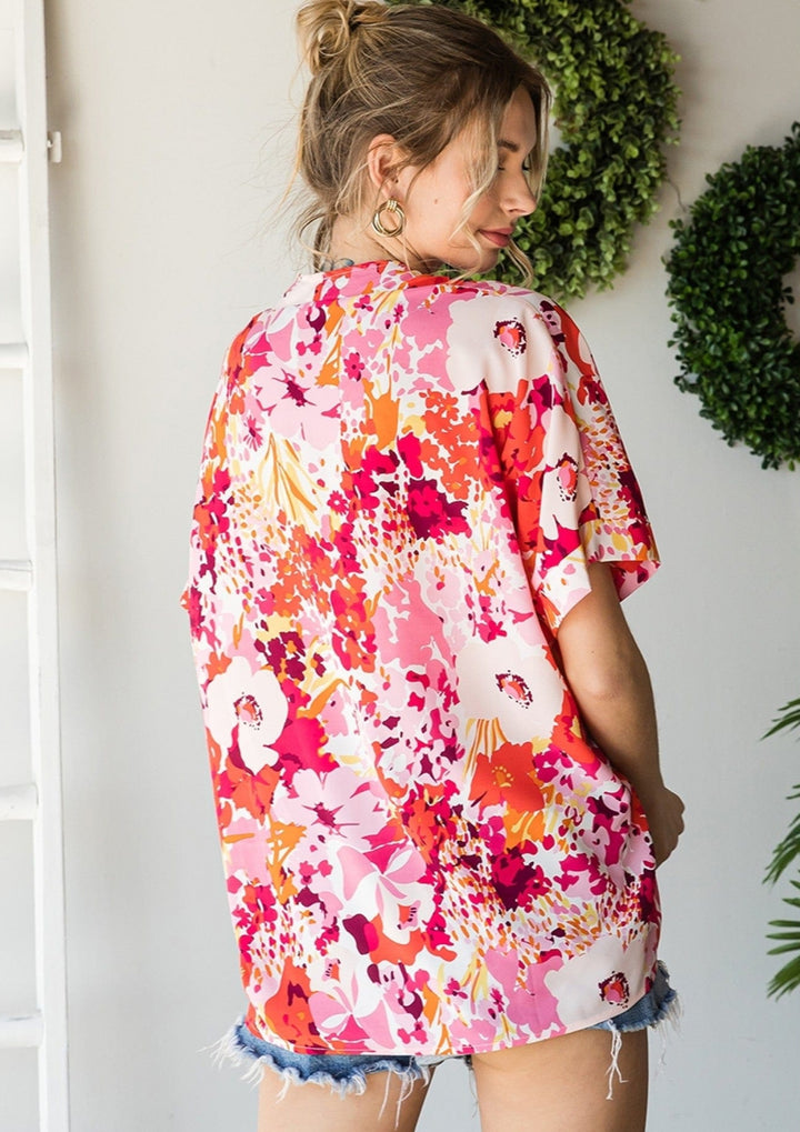 Jodifl Floral Print Boxy Top with V-Neckline and Short Sleeves