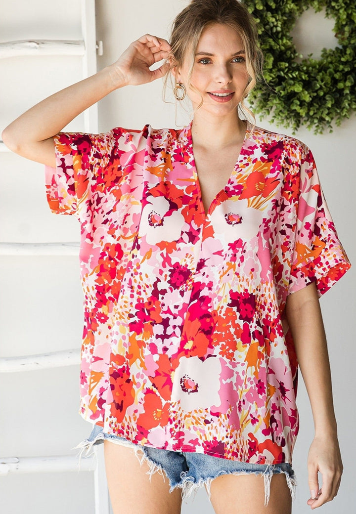Jodifl Floral Print Boxy Top with V-Neckline and Short Sleeves
