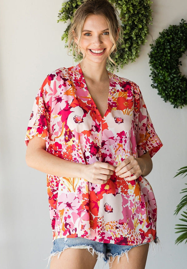 Jodifl Floral Print Boxy Top with V-Neckline and Short Sleeves