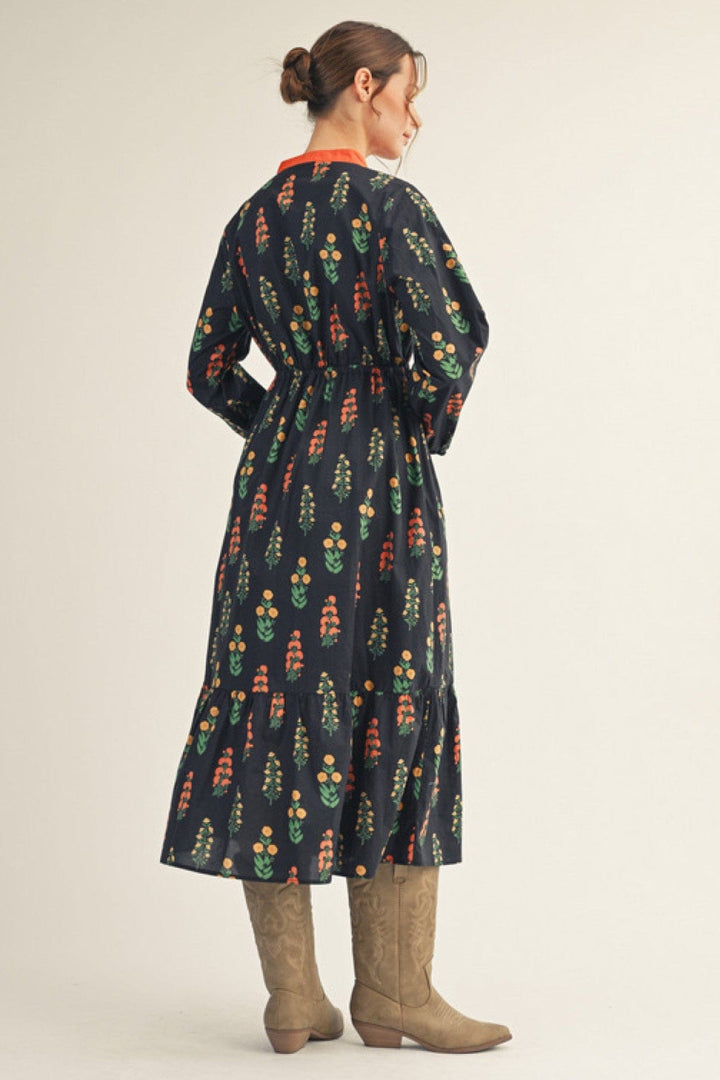 Jodifl Floral Print Drawstring Waist Dress with Solid Trim