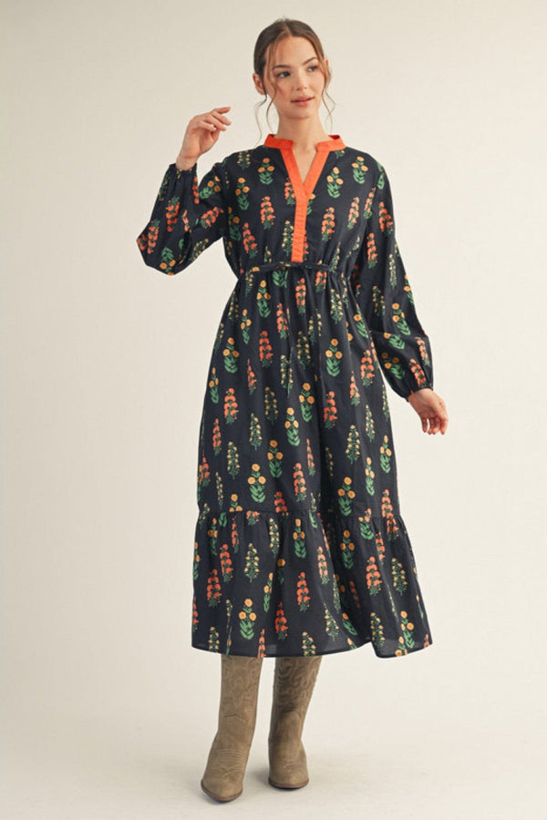 Jodifl Floral Print Drawstring Waist Dress with Solid Trim