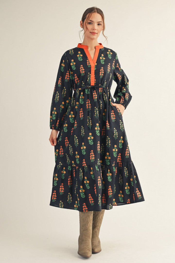 Jodifl Floral Print Drawstring Waist Dress with Solid Trim
