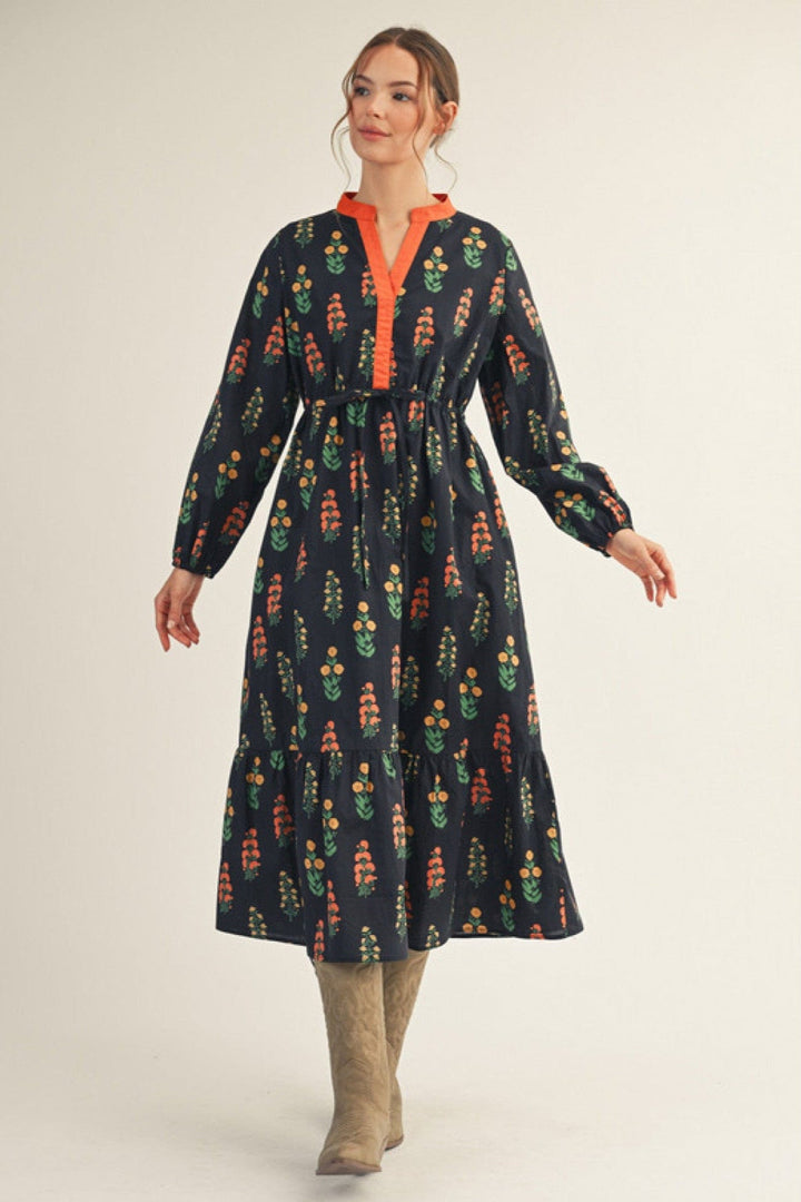 Jodifl Floral Print Drawstring Waist Dress with Solid Trim - DR-JD-G151271 / BLACK / S Jodifl Floral Print Drawstring Waist Dress with Solid Trim - DR-JD-G151271 / BLACK / S