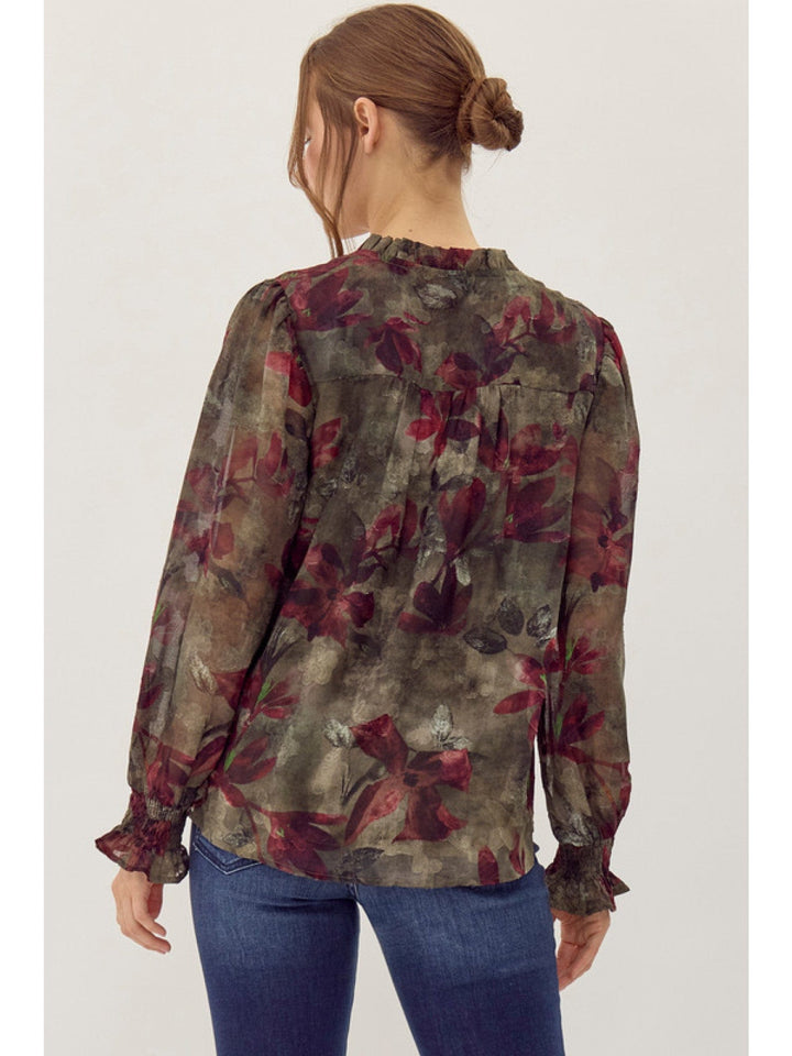 Jodifl Floral Print Frilled Split Neck Poet Sleeve Chiffon Top