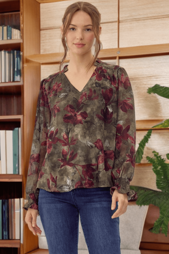 Jodifl Floral Print Frilled Split Neck Poet Sleeve Chiffon Top