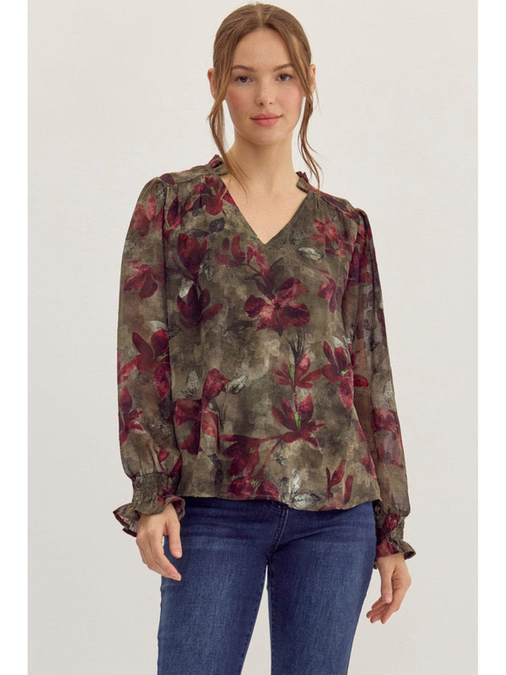 Jodifl Floral Print Frilled Split Neck Poet Sleeve Chiffon Top