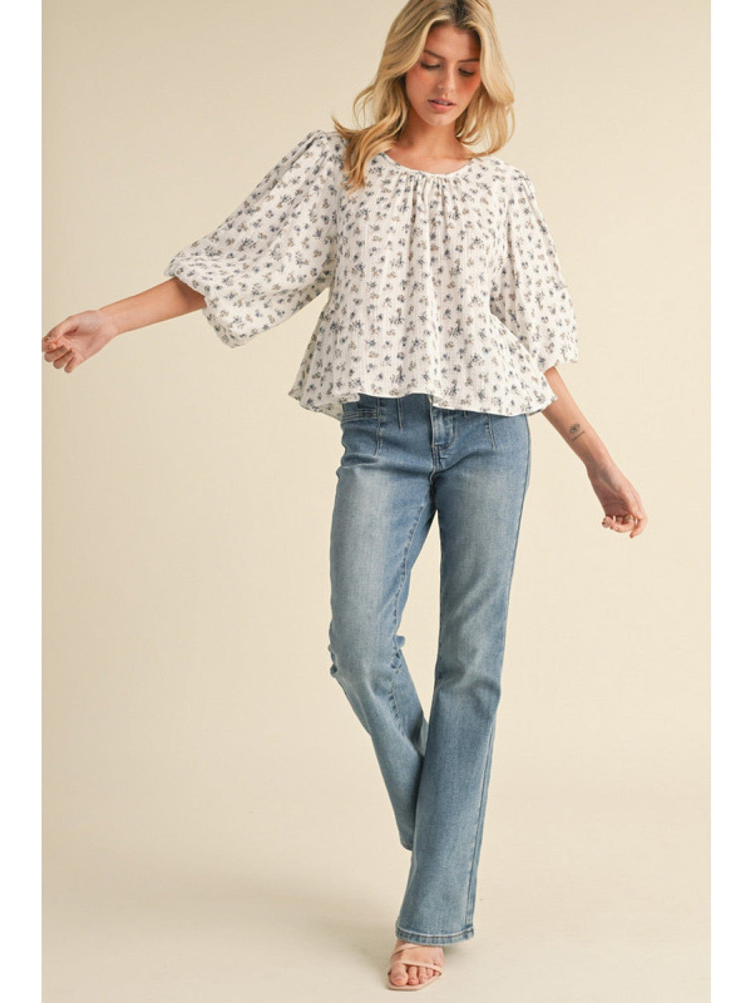 Jodifl Floral Print Gauze U-Neck Top with Back Bow Tie Closure