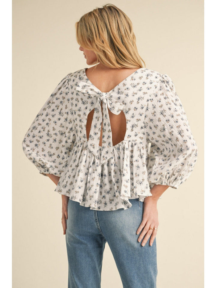 Jodifl Floral Print Gauze U-Neck Top with Back Bow Tie Closure