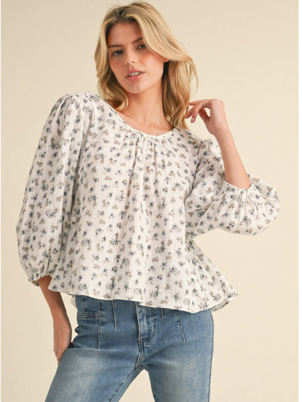 Jodifl Floral Print Gauze U-Neck Top with Back Bow Tie Closure