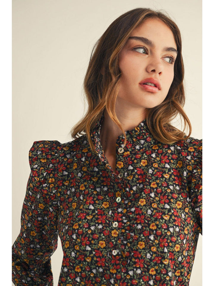 Jodifl Floral Print Ruffled Shoulder and Neckline Long Sleeve Button Down Top