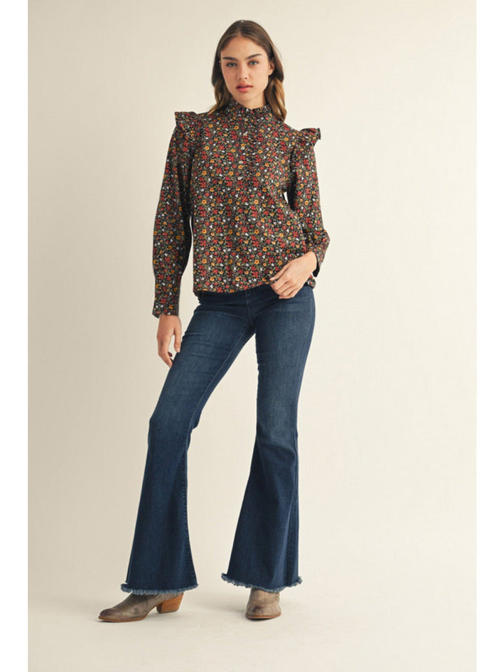 Jodifl Floral Print Ruffled Shoulder and Neckline Long Sleeve Button Down Top