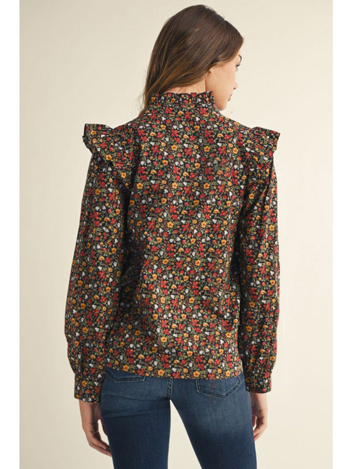 Jodifl Floral Print Ruffled Shoulder and Neckline Long Sleeve Button Down Top
