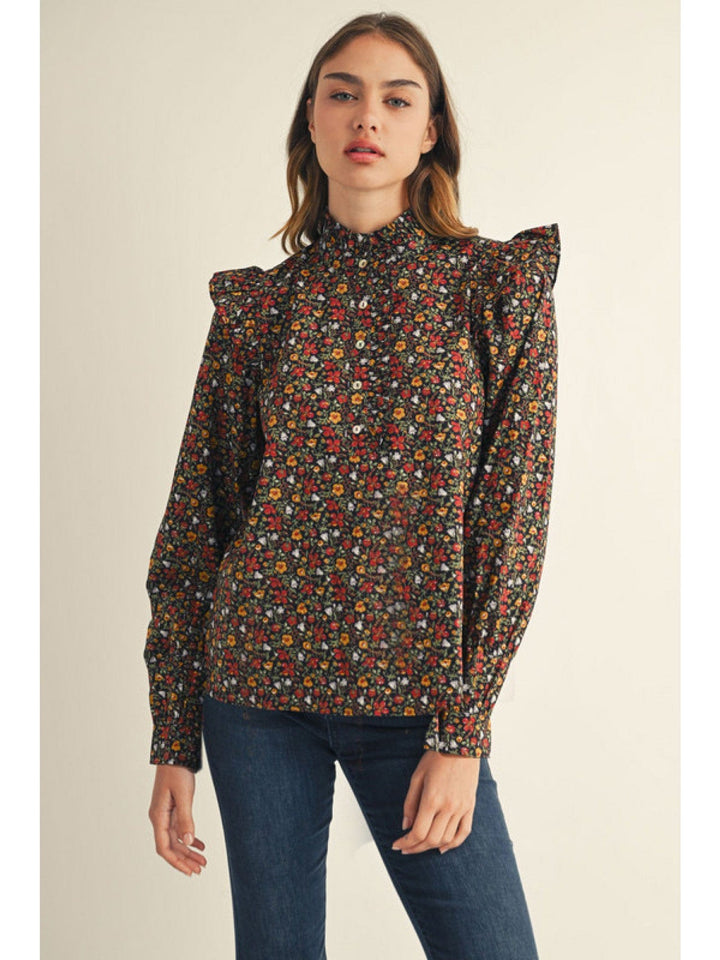 Jodifl Floral Print Ruffled Shoulder and Neckline Long Sleeve Button Down Top