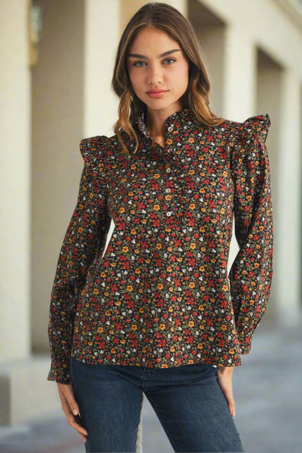 Jodifl Floral Print Ruffled Shoulder and Neckline Long Sleeve Button Down Top