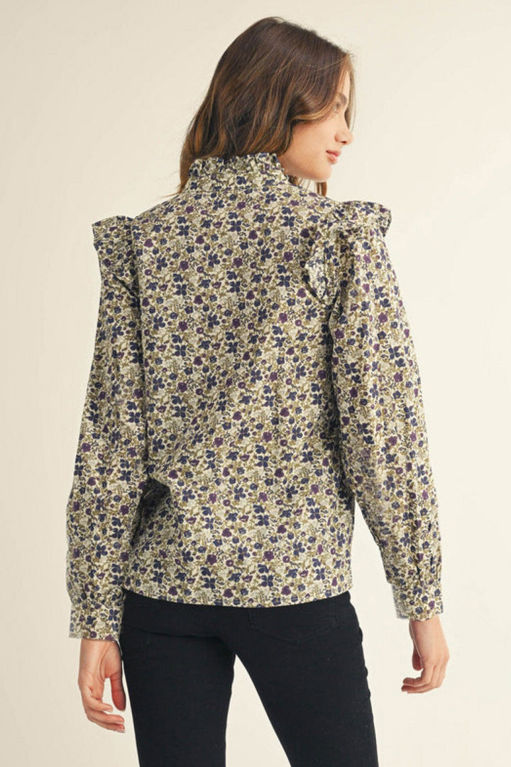 Jodifl Floral Print Ruffled Shoulder and Neckline Long Sleeve Button Down Top