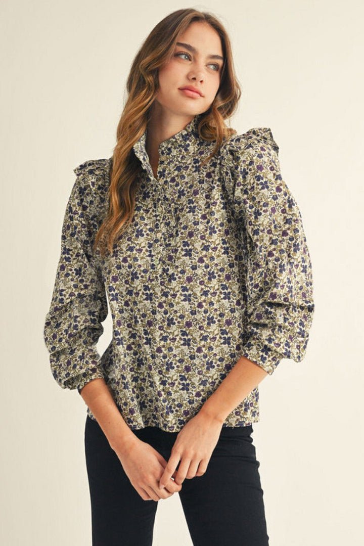 Jodifl Floral Print Ruffled Shoulder and Neckline Long Sleeve Button Down Top