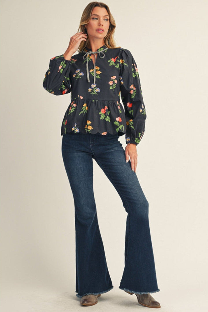 Jodifl Floral Print Scallop Hem Peplum Top