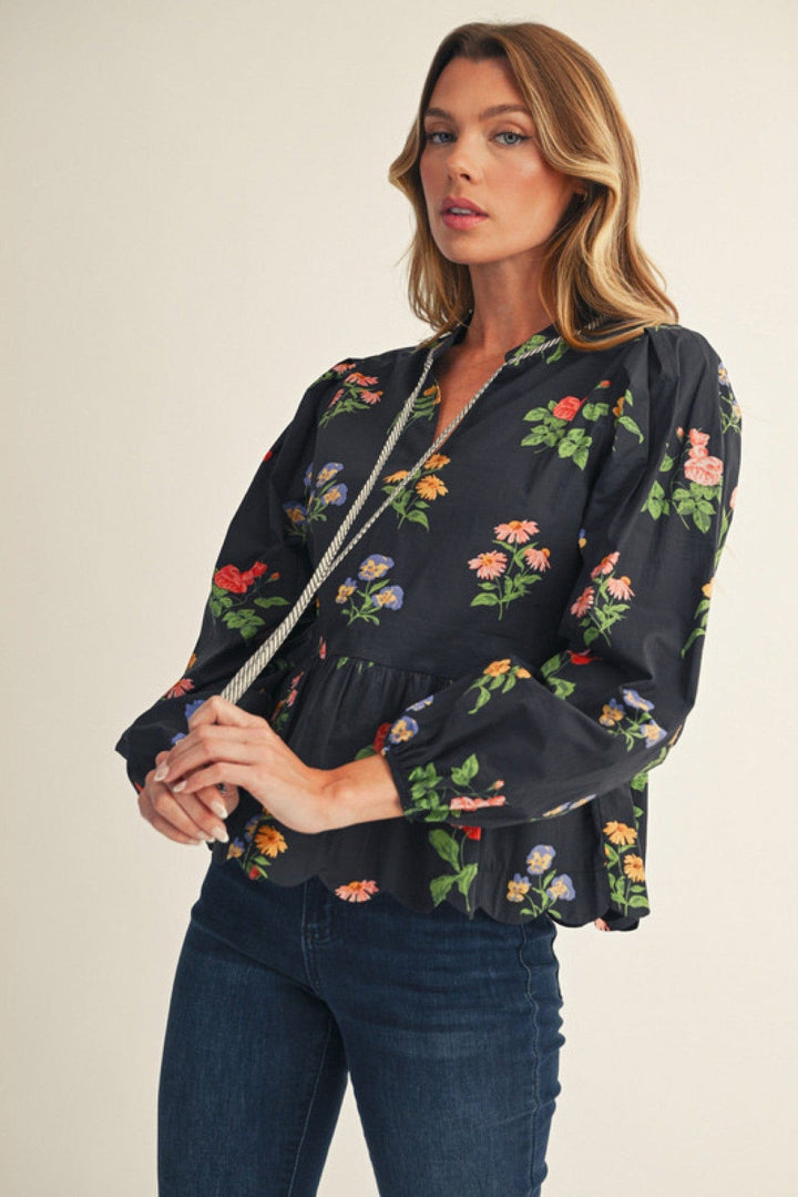 Jodifl Floral Print Scallop Hem Peplum Top