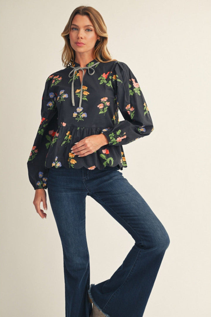 Jodifl Floral Print Scallop Hem Peplum Top