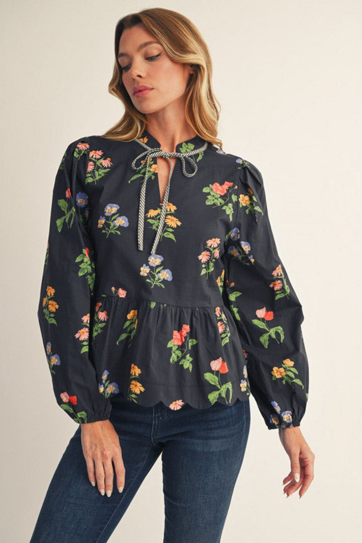 Jodifl Floral Print Scallop Hem Peplum Top