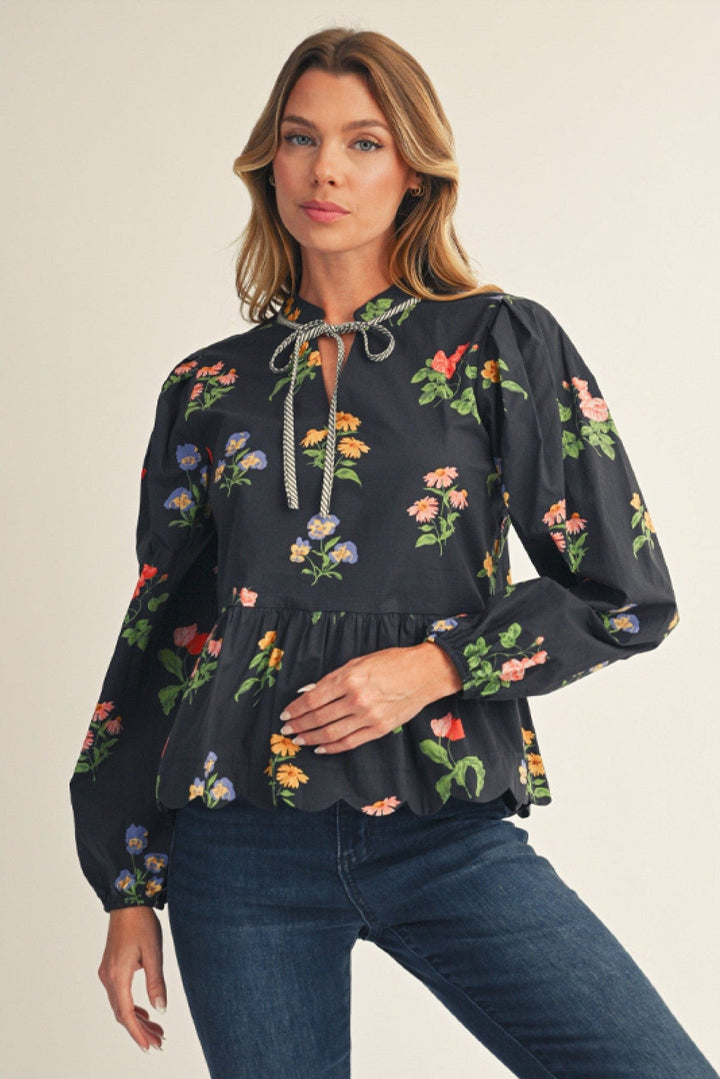 Jodifl Floral Print Scallop Hem Peplum Top