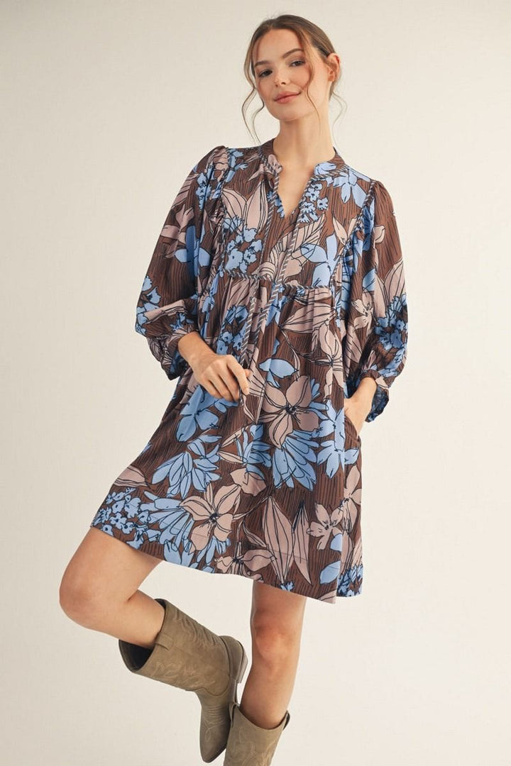 Jodifl Floral Print Split Neckline Dress with Stripe Pattern Contrast