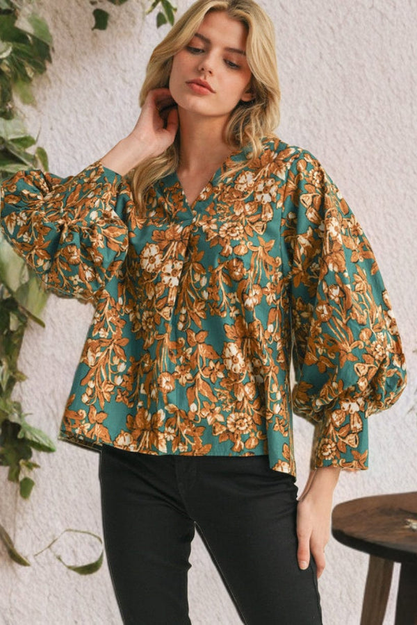 Jodifl Floral Print V-Neck Pleated 3/4 Balloon Sleeve Blouse Top